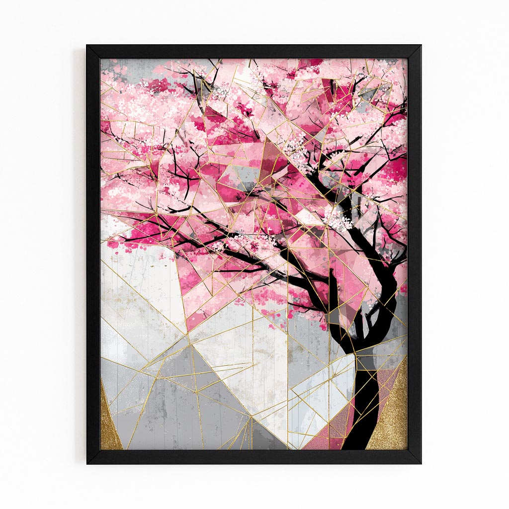 Geometric Pastel Branch Cherry Blossom Canvas Art – with Premium Black frame on white background
