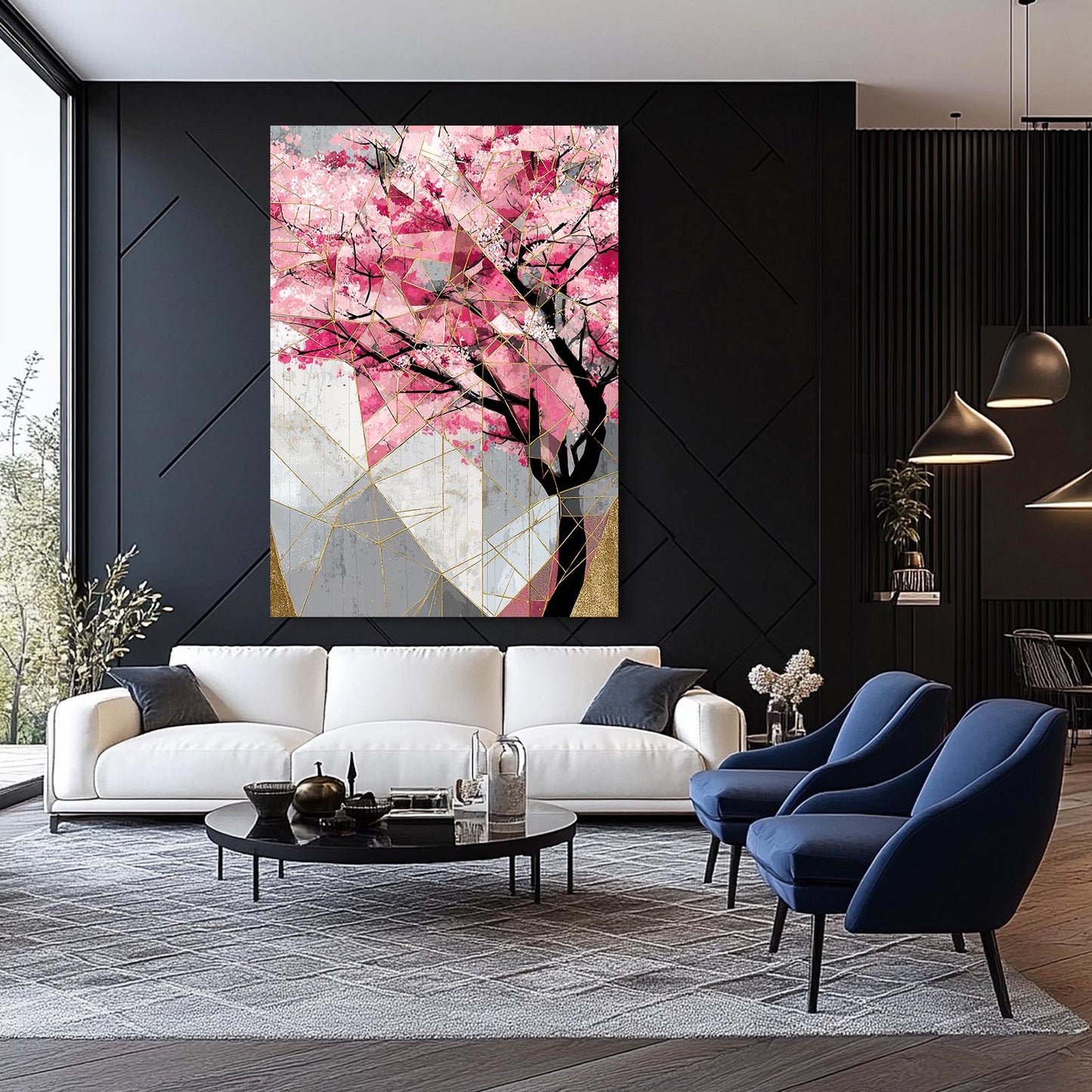 Geometric Pastel Branch Cherry Blossom Canvas Art – styled in a furnished interior
