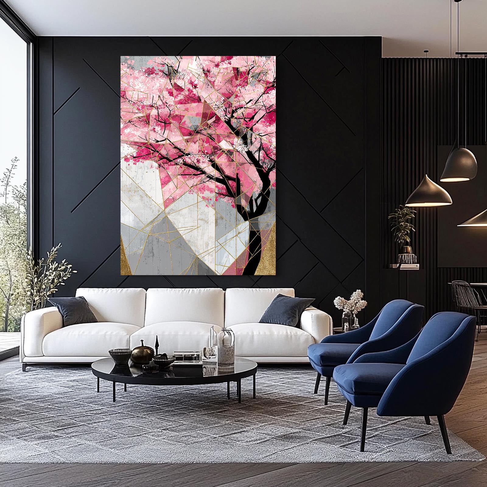 Geometric Pastel Branch Cherry Blossom Canvas Art – styled in a furnished interior