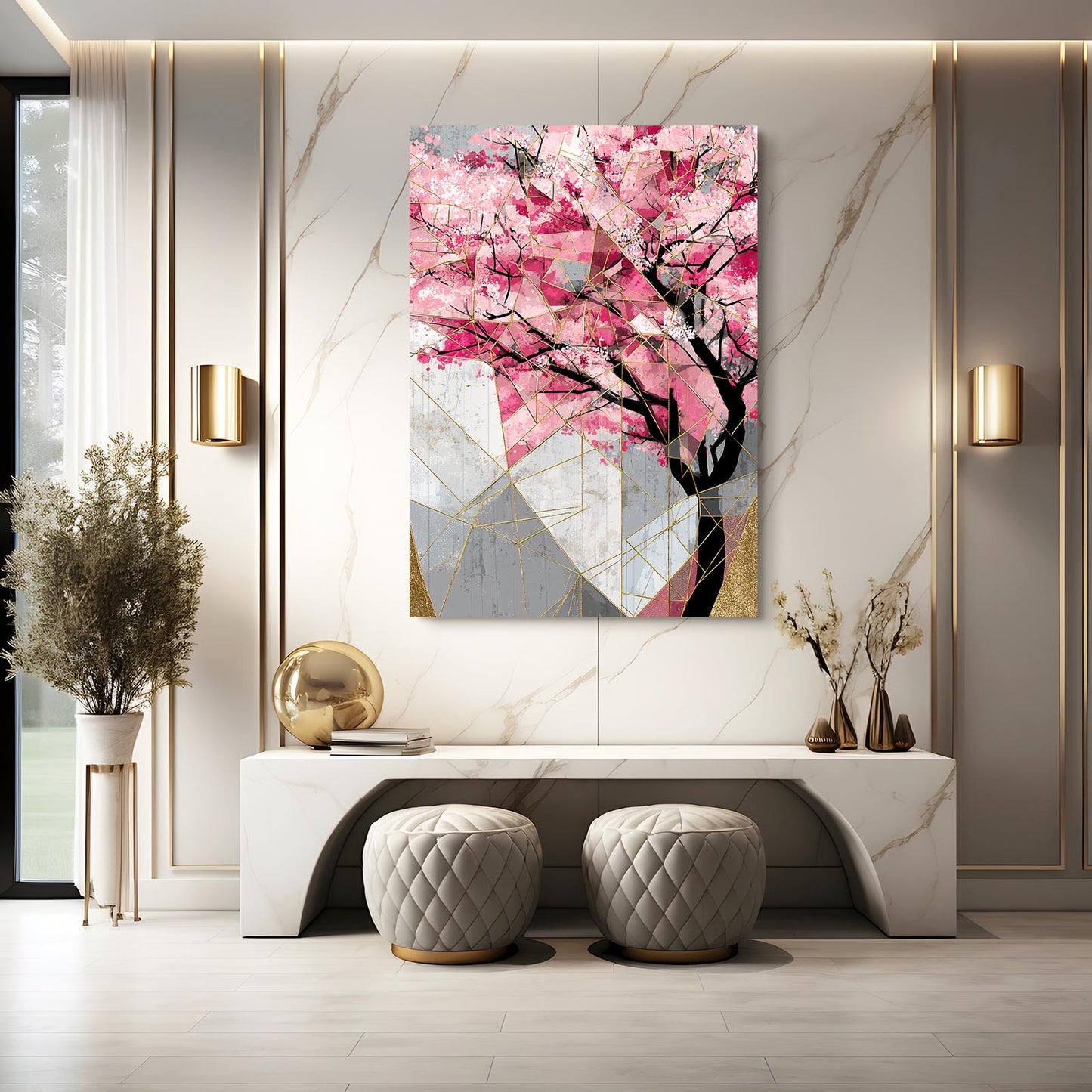 Geometric Pastel Branch Cherry Blossom Canvas Art – styled in a furnished interior