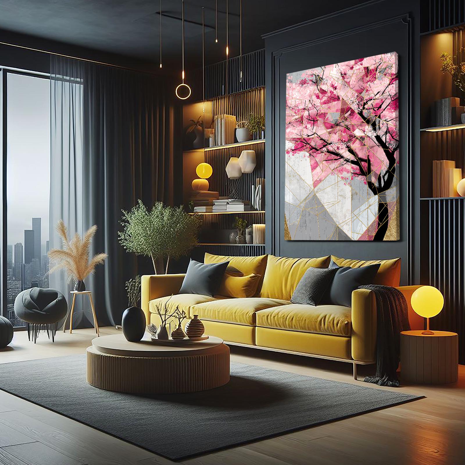 Geometric Pastel Branch Cherry Blossom Canvas Art – styled in a furnished interior