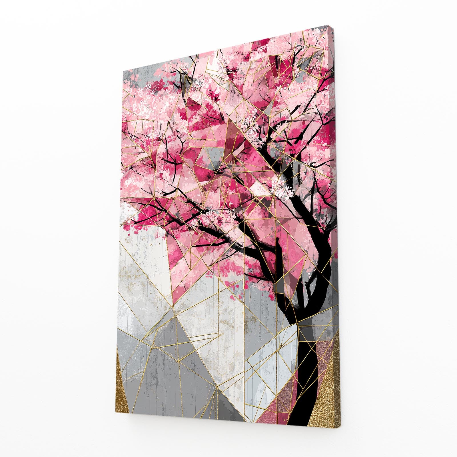 Geometric Pastel Branch Cherry Blossom Canvas Art – angled canvas view on white background