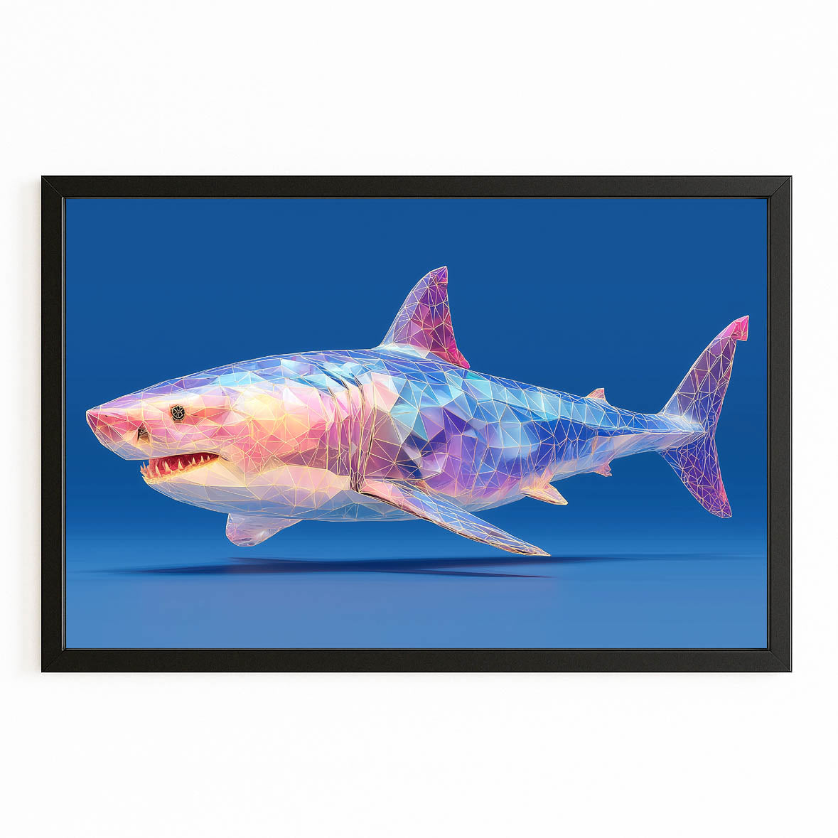 Geometric Pastel Shark Wall Art – with Premium Black frame on white background