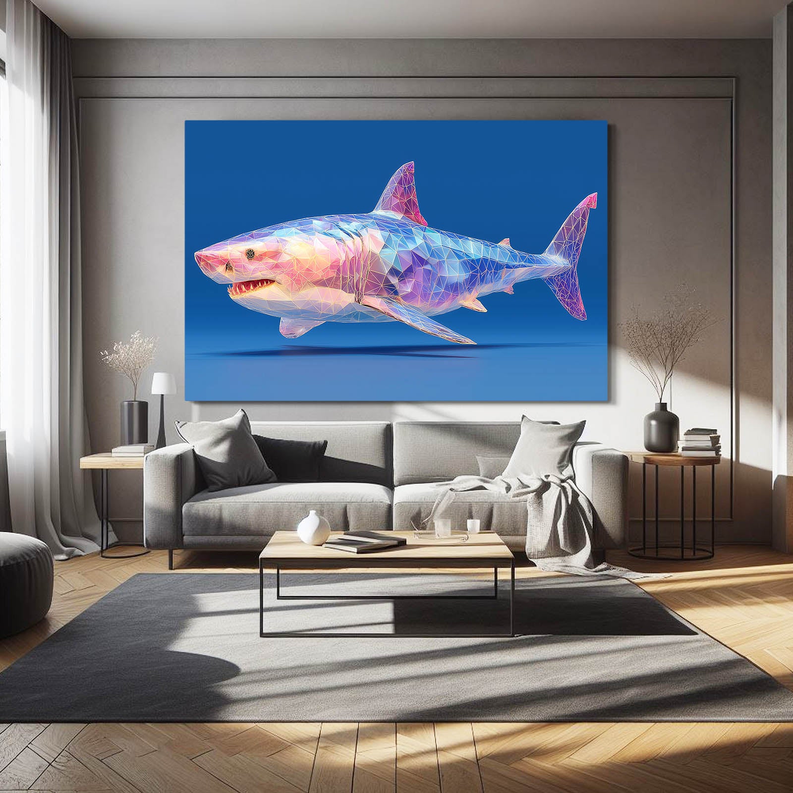 Geometric Pastel Shark Wall Art – styled in a furnished interior