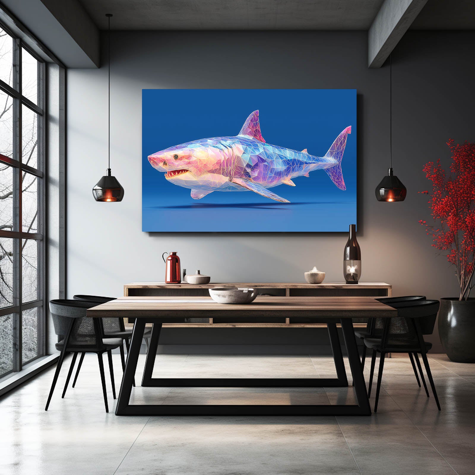 Geometric Pastel Shark Wall Art – styled in a furnished interior