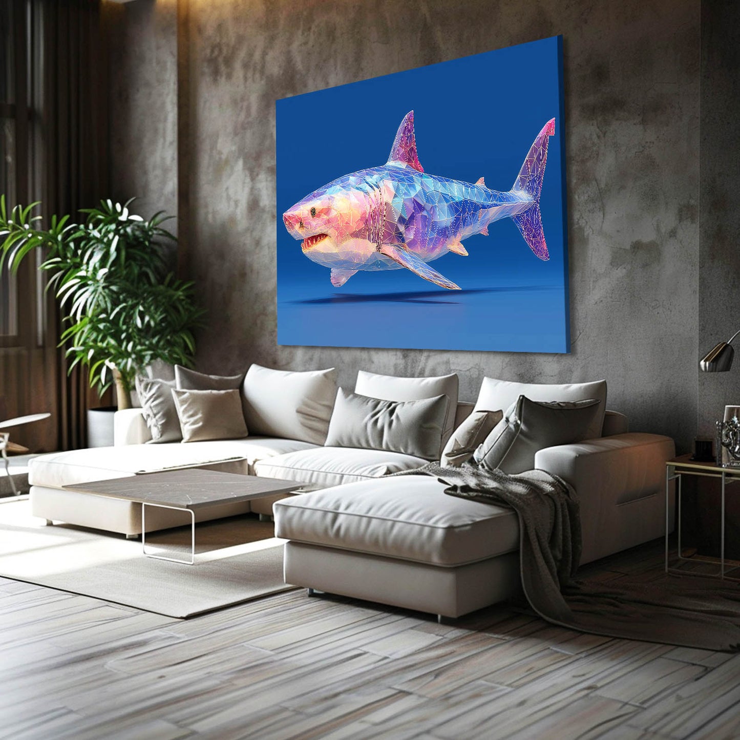 Geometric Pastel Shark Wall Art – styled in a furnished interior