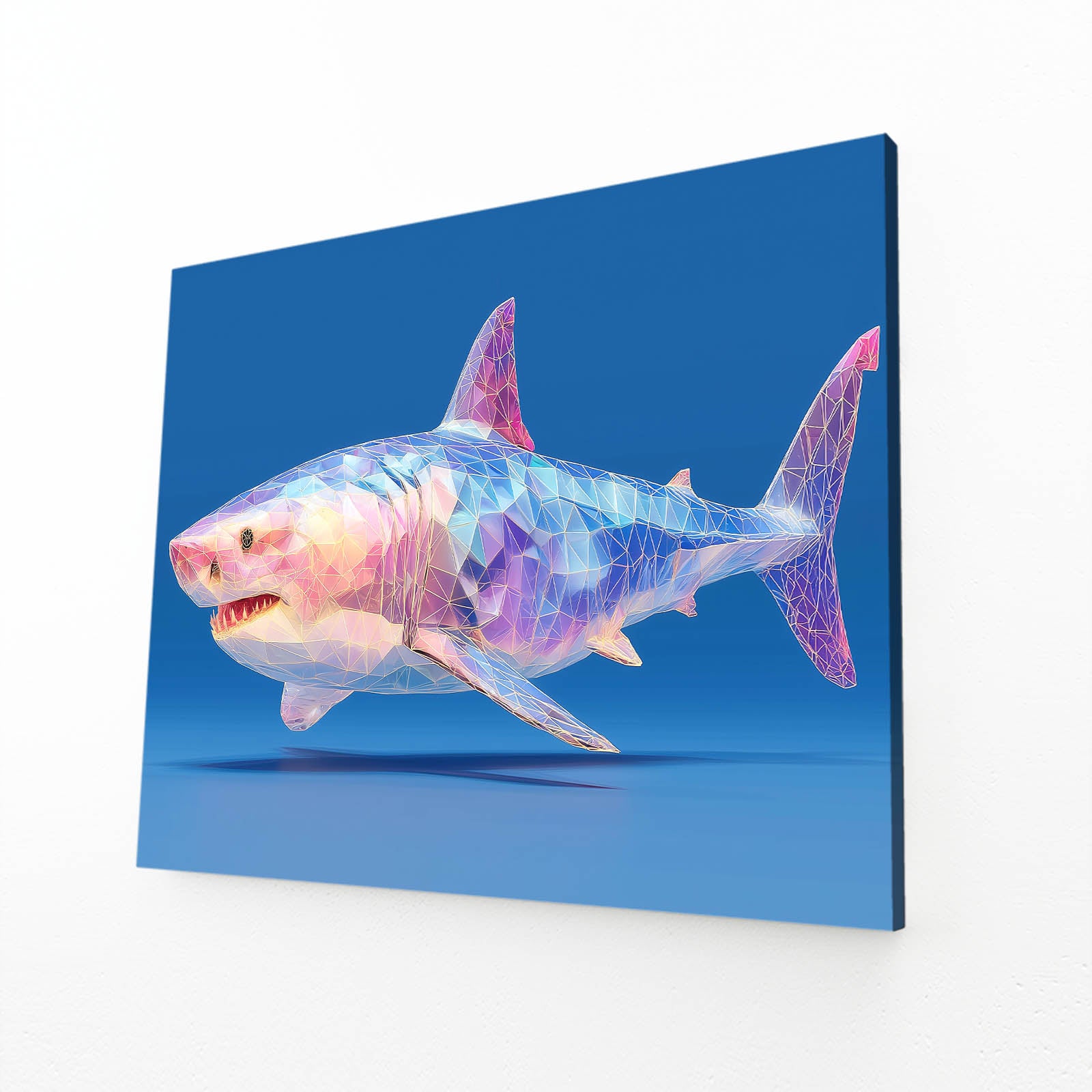 Geometric Pastel Shark Wall Art – angled canvas view on white background