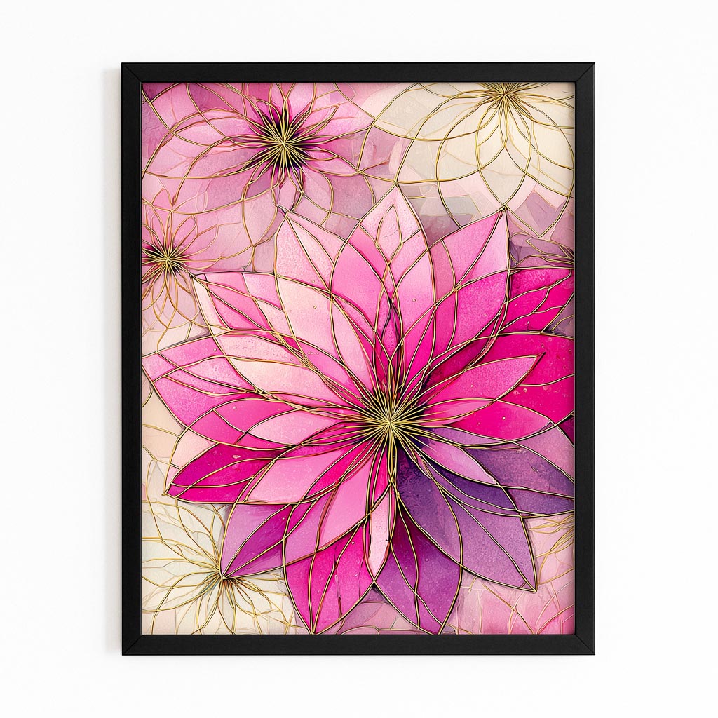 Geometric Petal Bloom Cherry Blossom Wall Decor – with Premium Black frame on white background