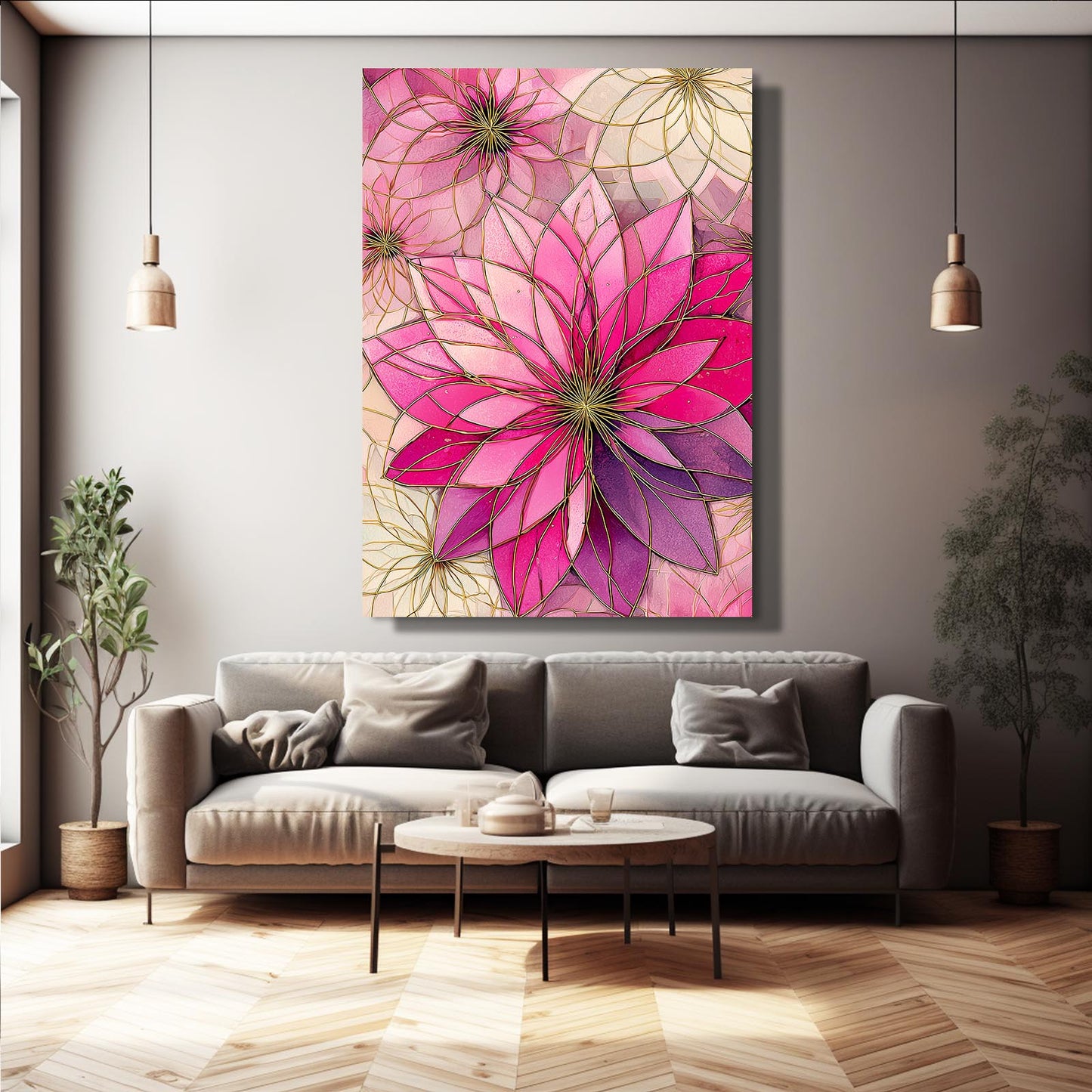 Geometric Petal Bloom Cherry Blossom Wall Decor – styled in a furnished interior
