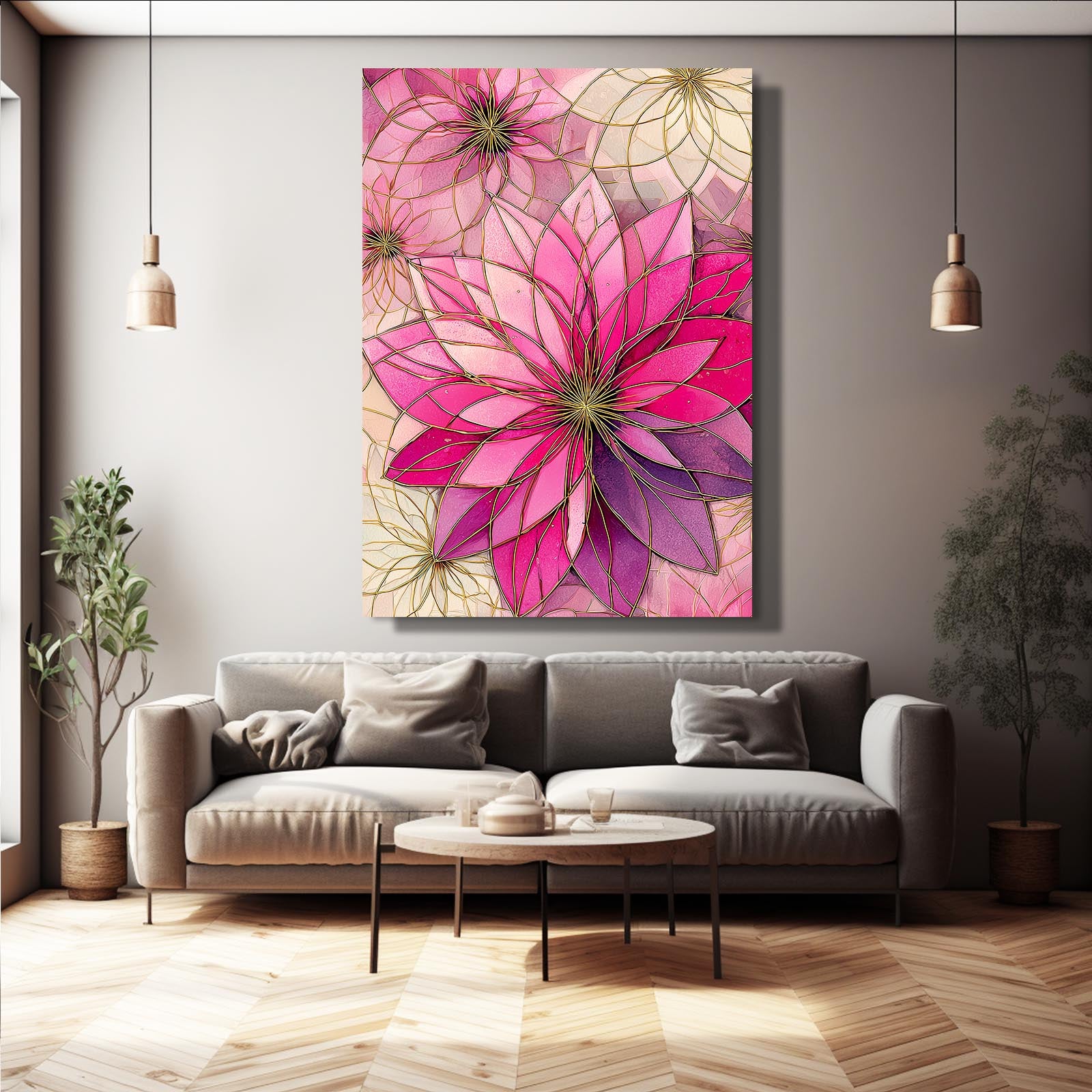 Geometric Petal Bloom Cherry Blossom Wall Decor – styled in a furnished interior