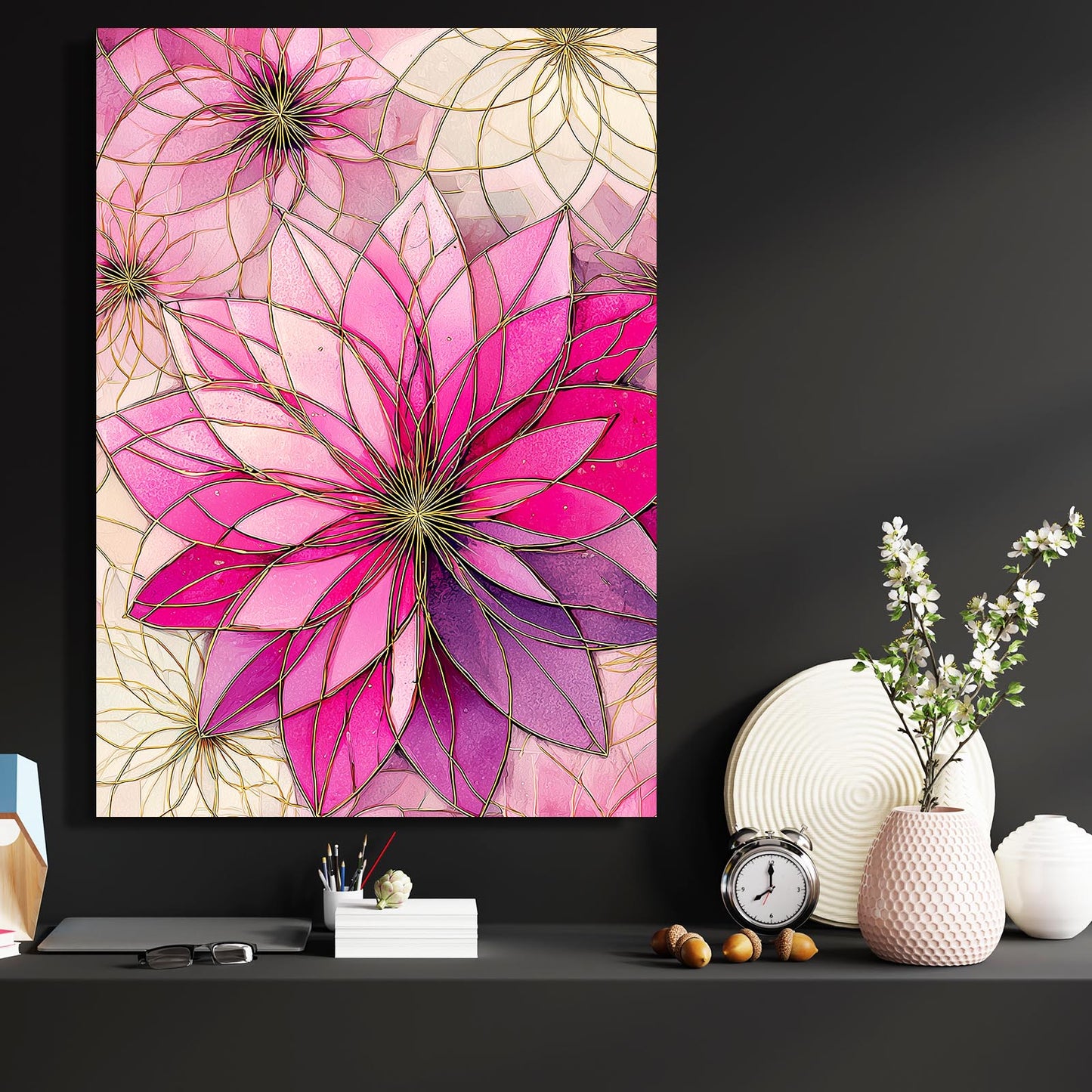 Geometric Petal Bloom Cherry Blossom Wall Decor – styled in a furnished interior