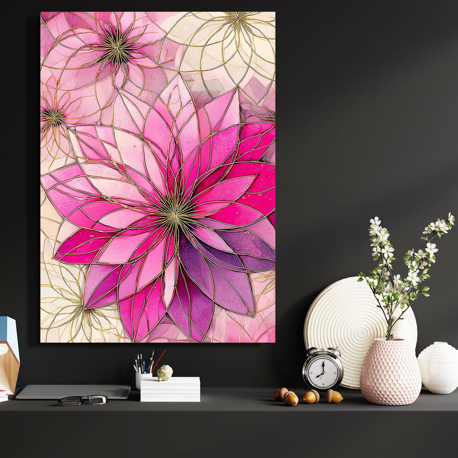 Geometric Petal Bloom Cherry Blossom Wall Decor – styled in a furnished interior