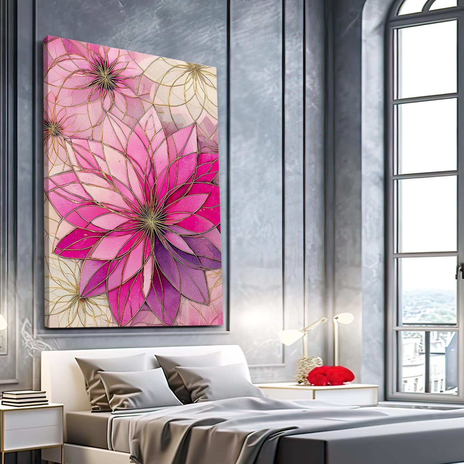 Geometric Petal Bloom Cherry Blossom Wall Decor – styled in a furnished interior
