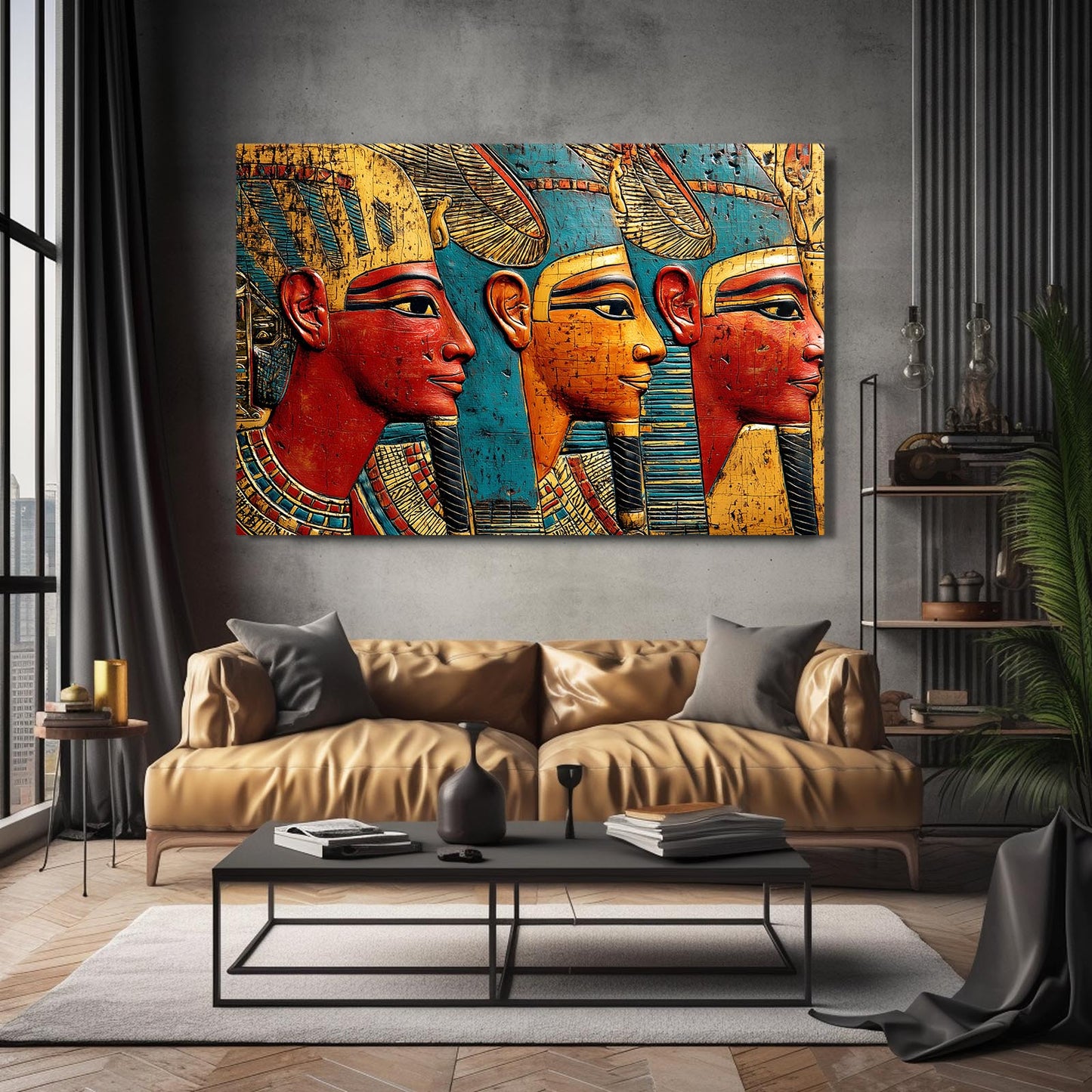 Geometric Pharaoh Group Egyptian Wall Decor – styled in a furnished interior