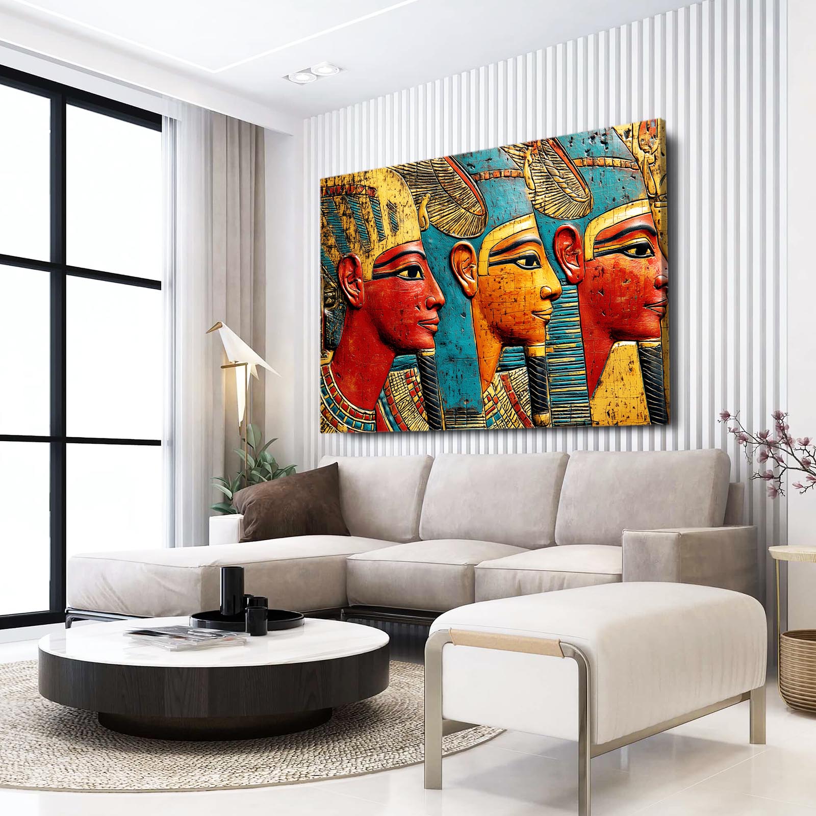 Geometric Pharaoh Group Egyptian Wall Decor – styled in a furnished interior