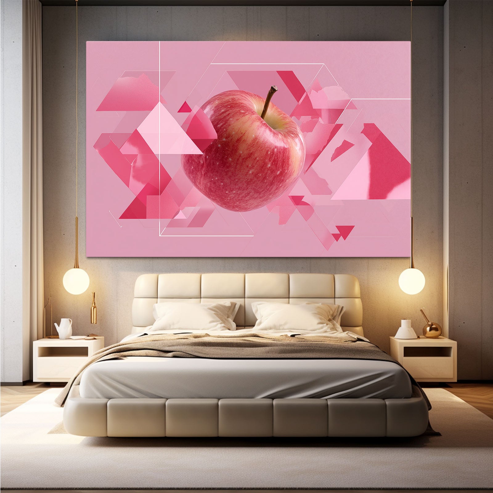 Geometric Pink Apple Fruit Wall Art – styled in a furnished interior
