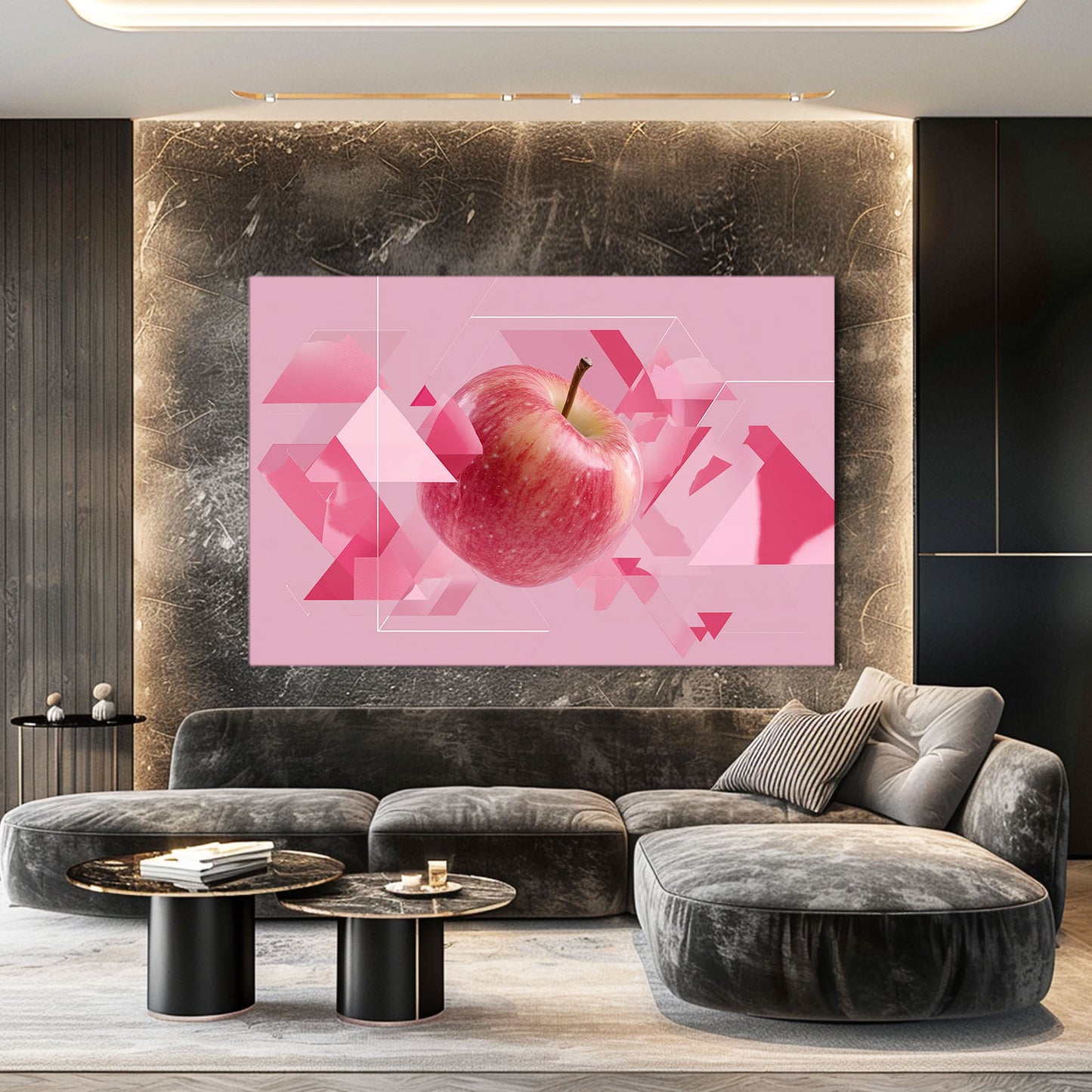 Geometric Pink Apple Fruit Wall Art – styled in a furnished interior