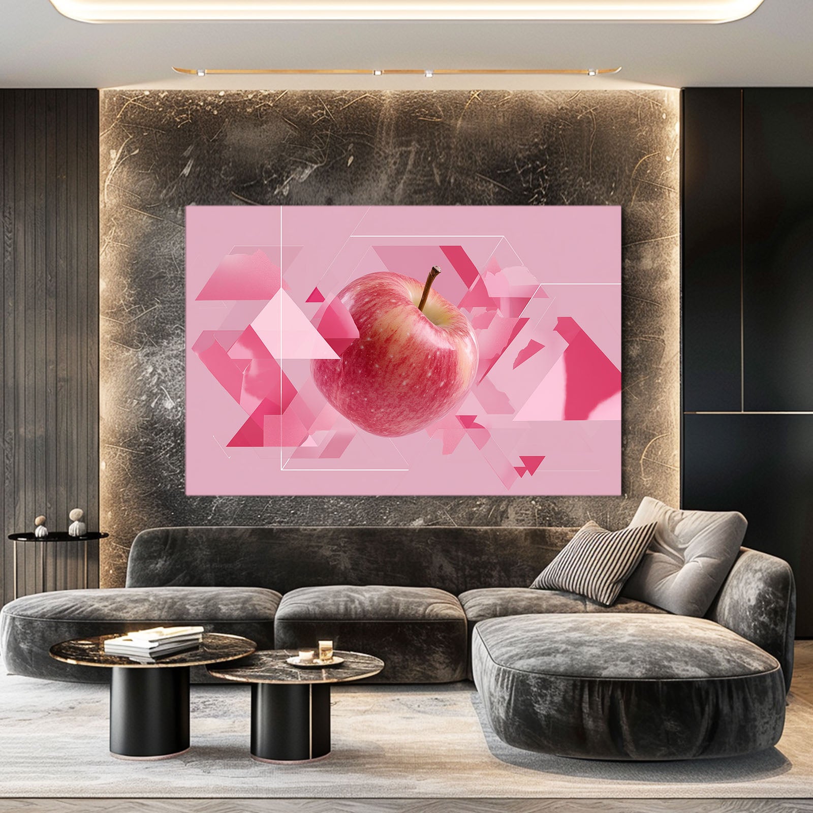 Geometric Pink Apple Fruit Wall Art – styled in a furnished interior