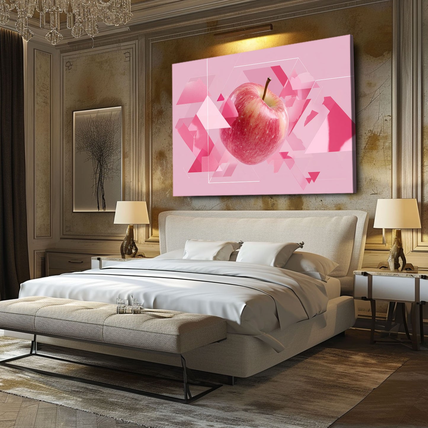 Geometric Pink Apple Fruit Wall Art – styled in a furnished interior