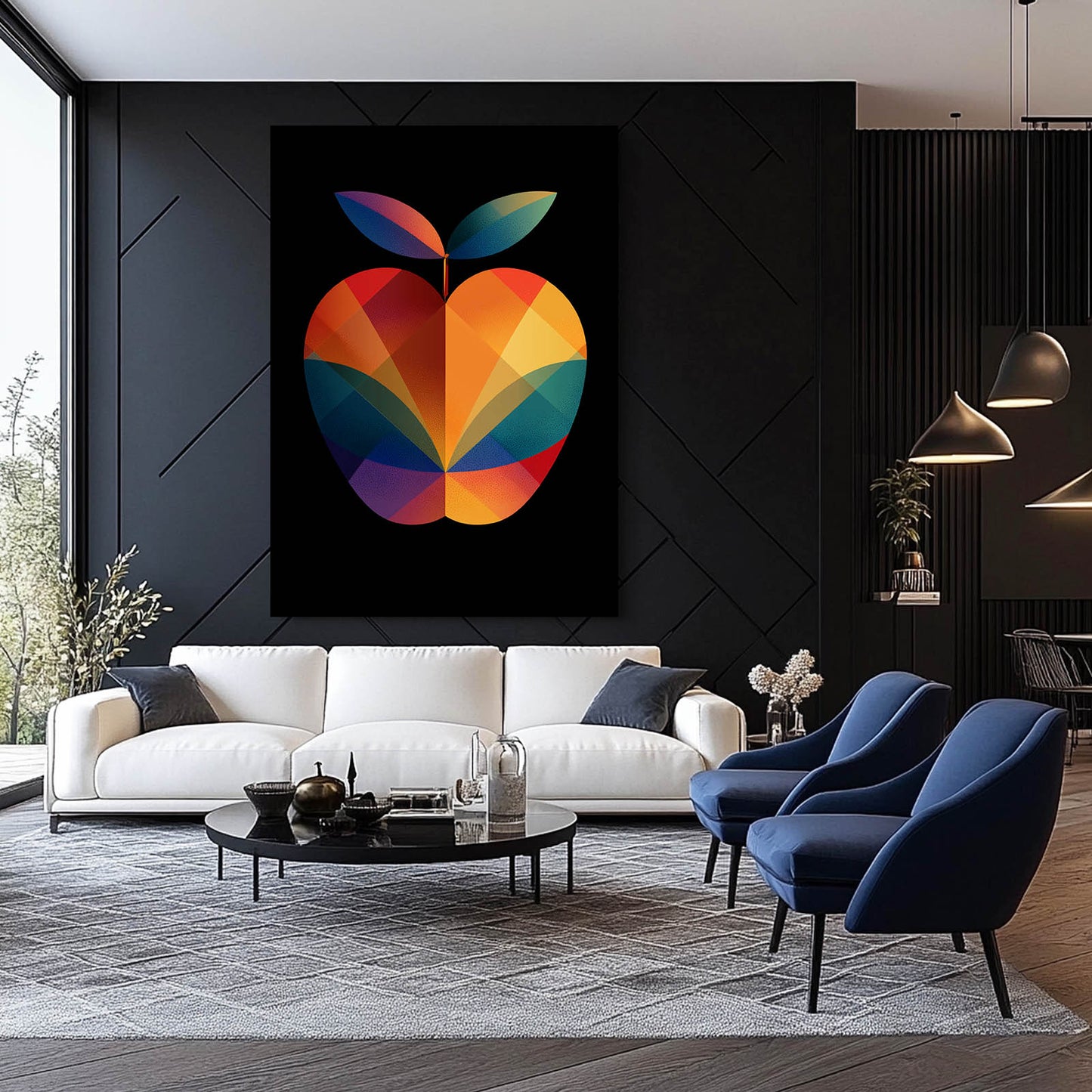 Geometric Rainbow Apple Wall Art – styled in a furnished interior