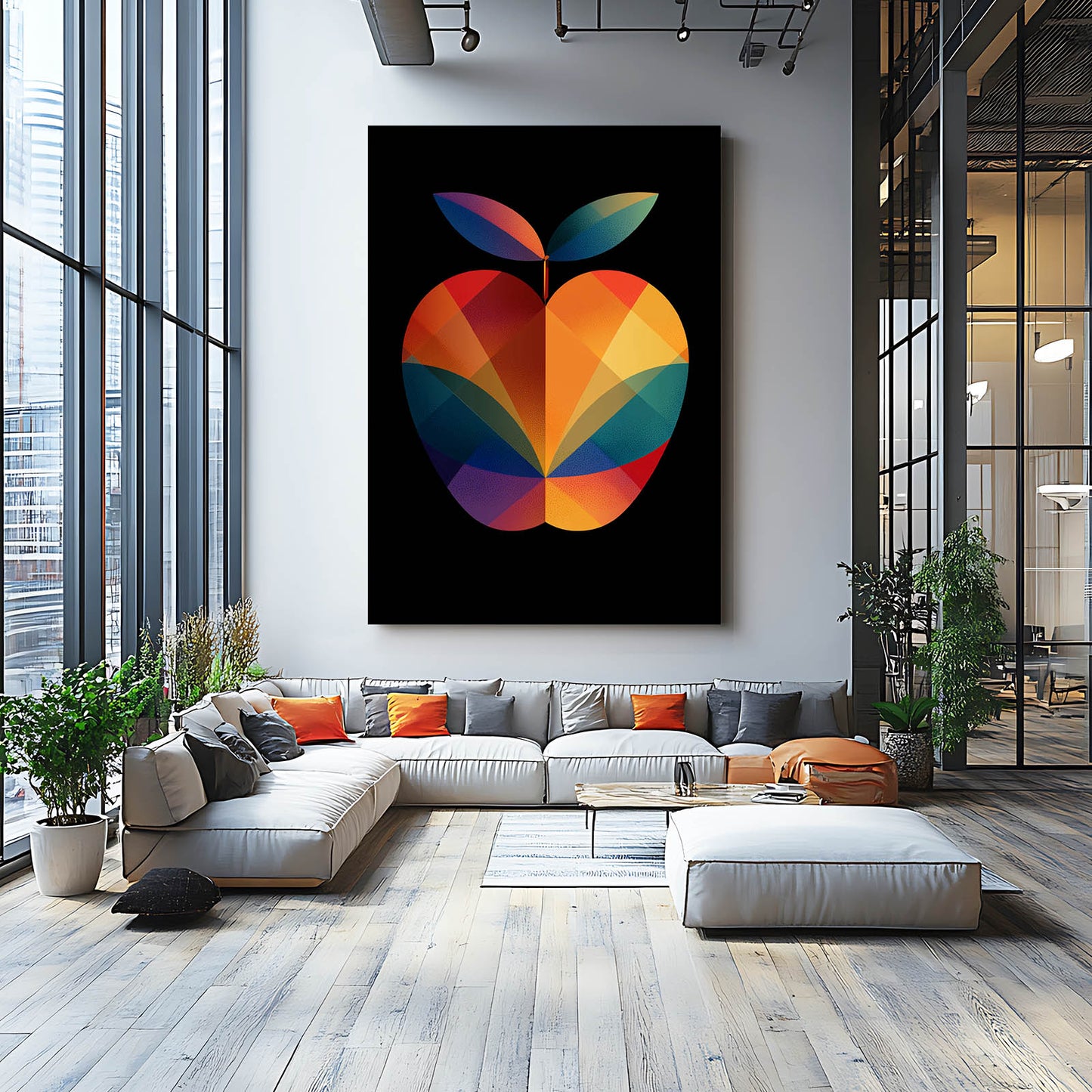 Geometric Rainbow Apple Wall Art – styled in a furnished interior