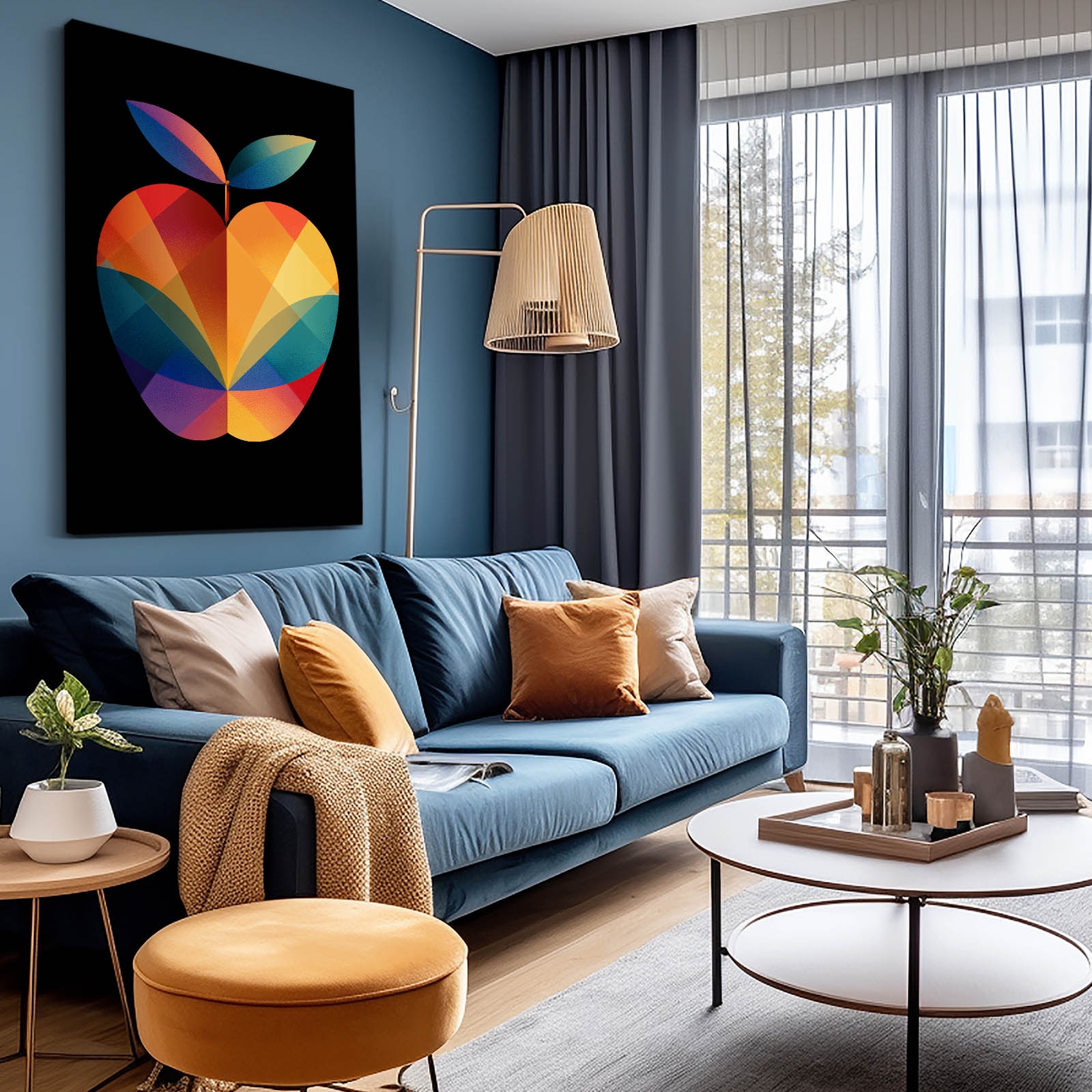 Geometric Rainbow Apple Wall Art – styled in a furnished interior