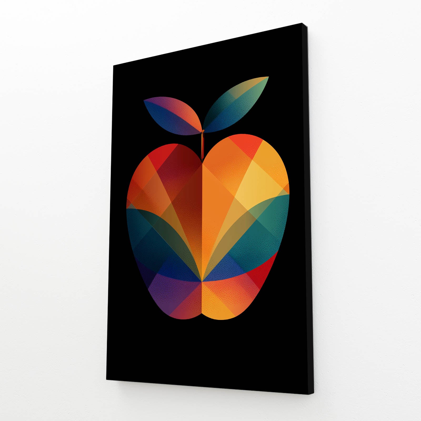 Geometric Rainbow Apple Wall Art – angled canvas view on white background