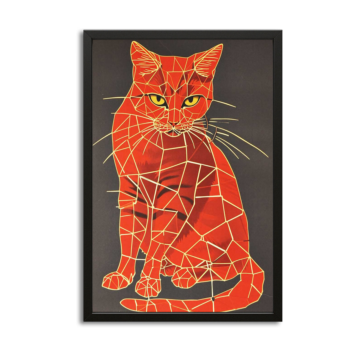 Geometric Red Cat Art — contemporary canvas print in red tones, with Premium Black frame on white background