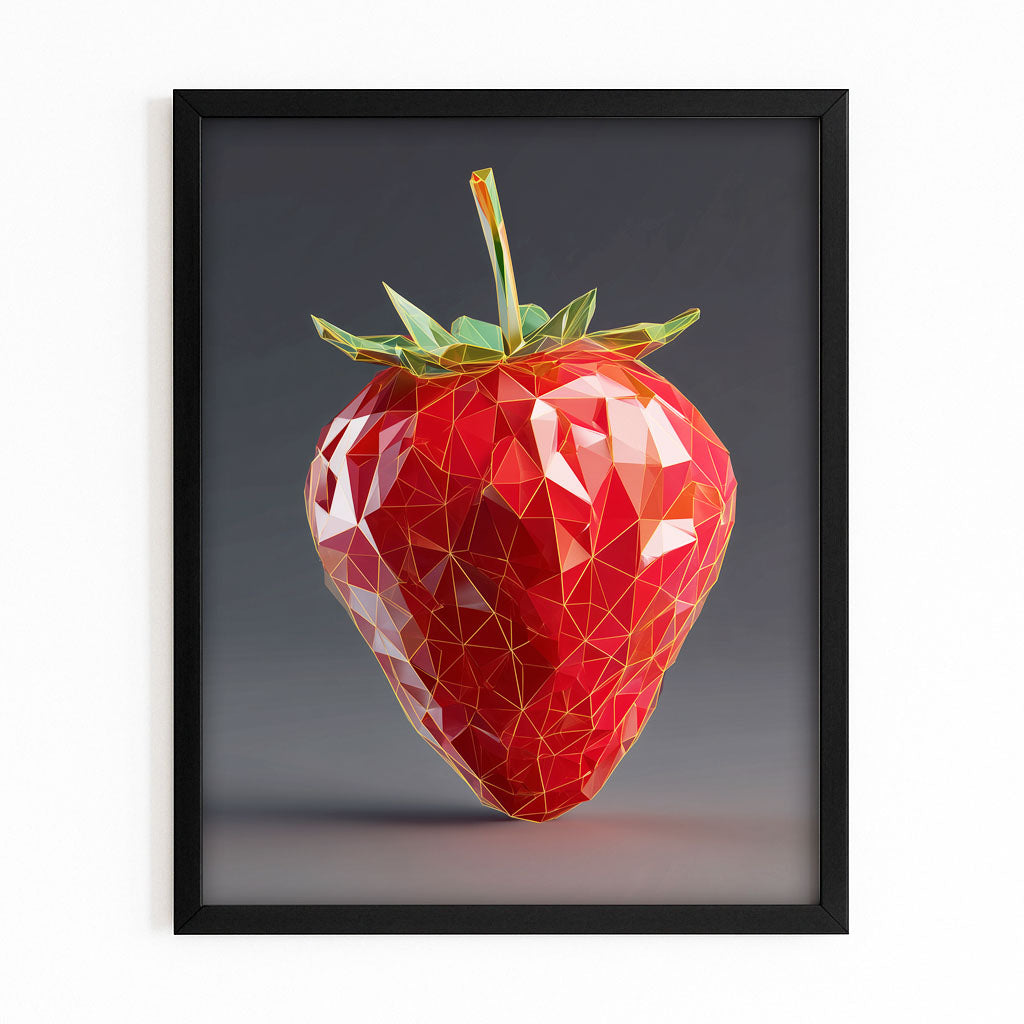 Geometric Ruby Strawberry Fruit Art – with Premium Black frame on white background