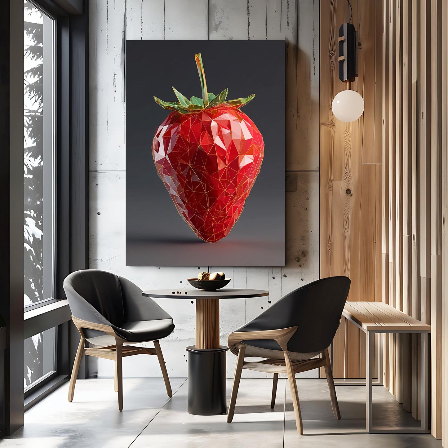 Geometric Ruby Strawberry Fruit Art – styled in a furnished interior