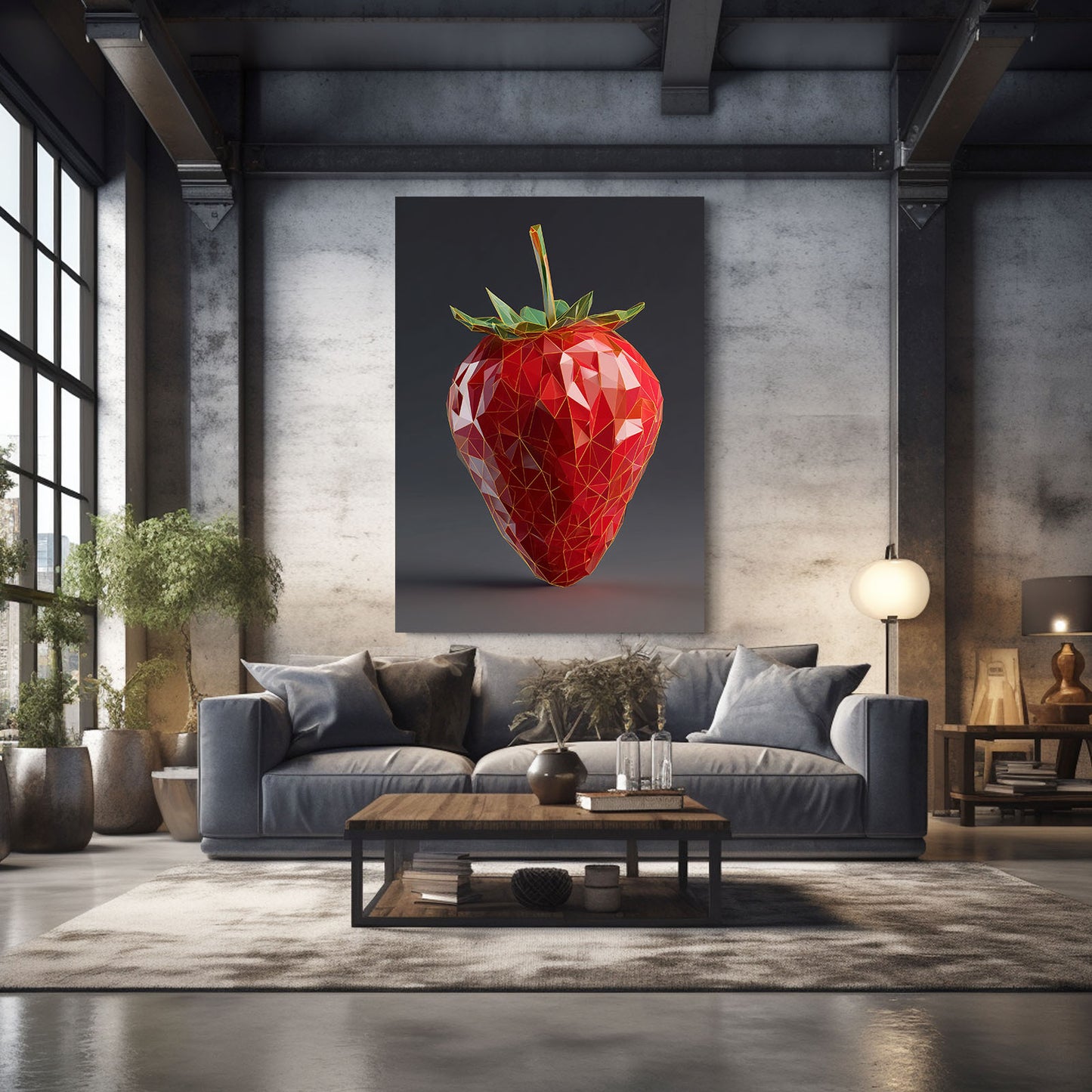 Geometric Ruby Strawberry Fruit Art – styled in a furnished interior