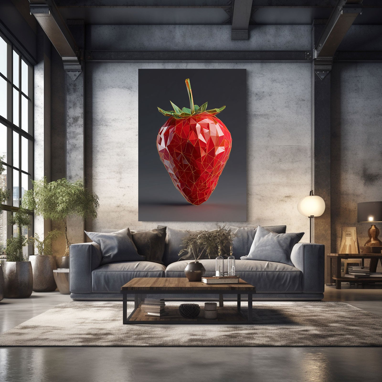 Geometric Ruby Strawberry Fruit Art – styled in a furnished interior