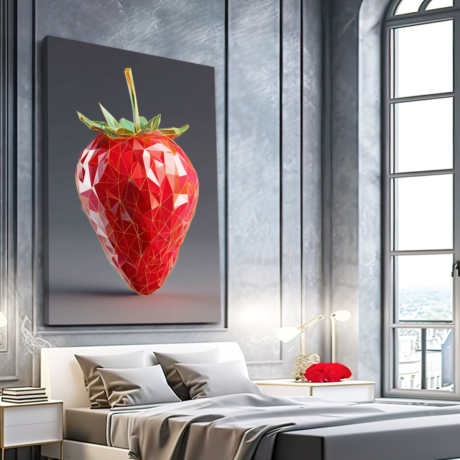 Geometric Ruby Strawberry Fruit Art – styled in a furnished interior