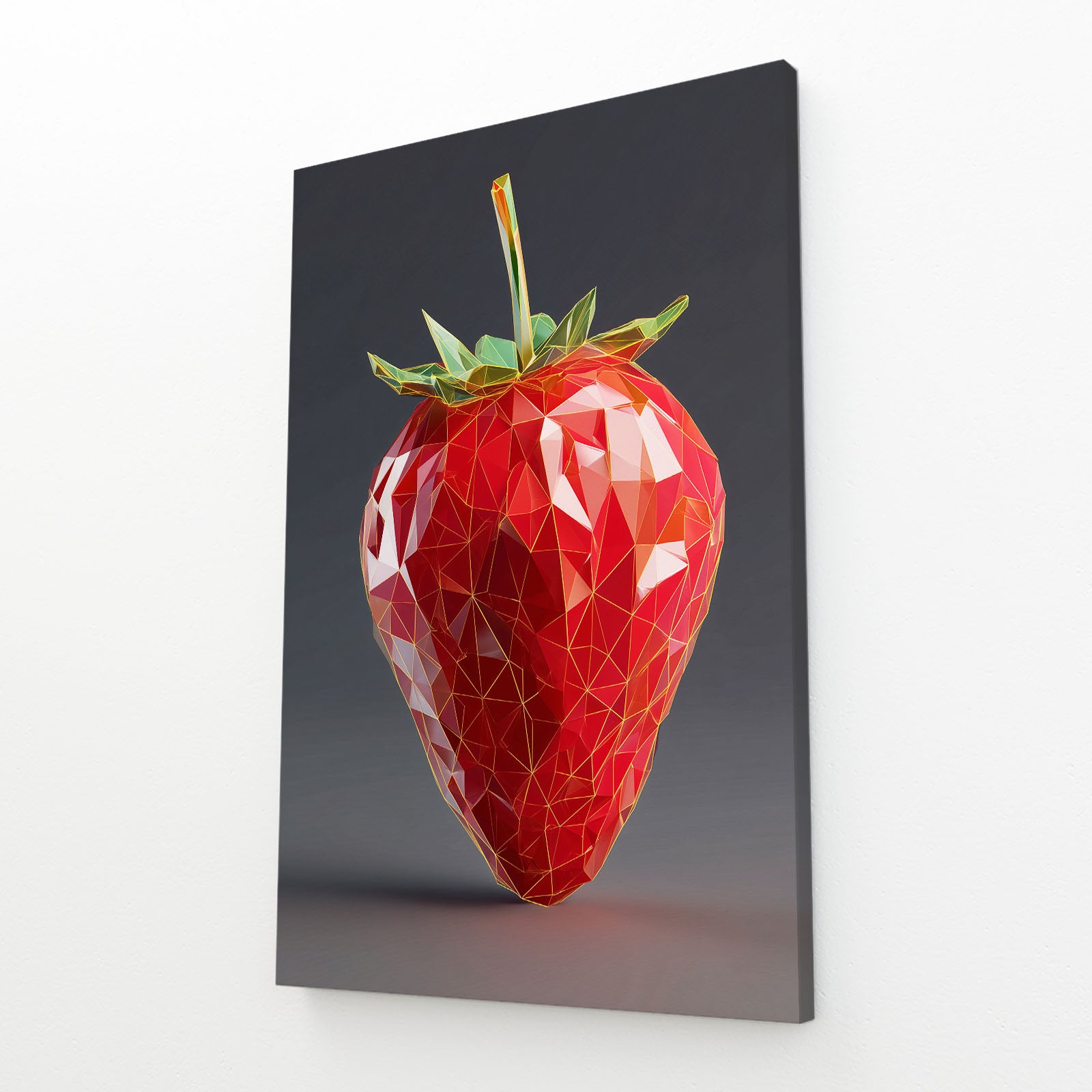 Geometric Ruby Strawberry Fruit Art – angled canvas view on white background