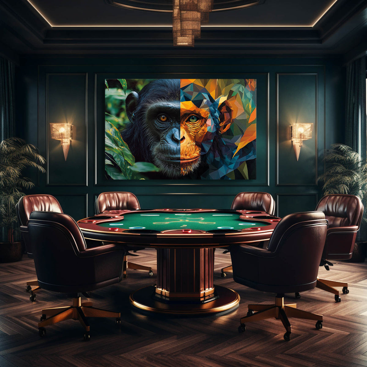 Geometric Split Face Monkey Canvas Art — abstract canvas print, styled in a furnished interior