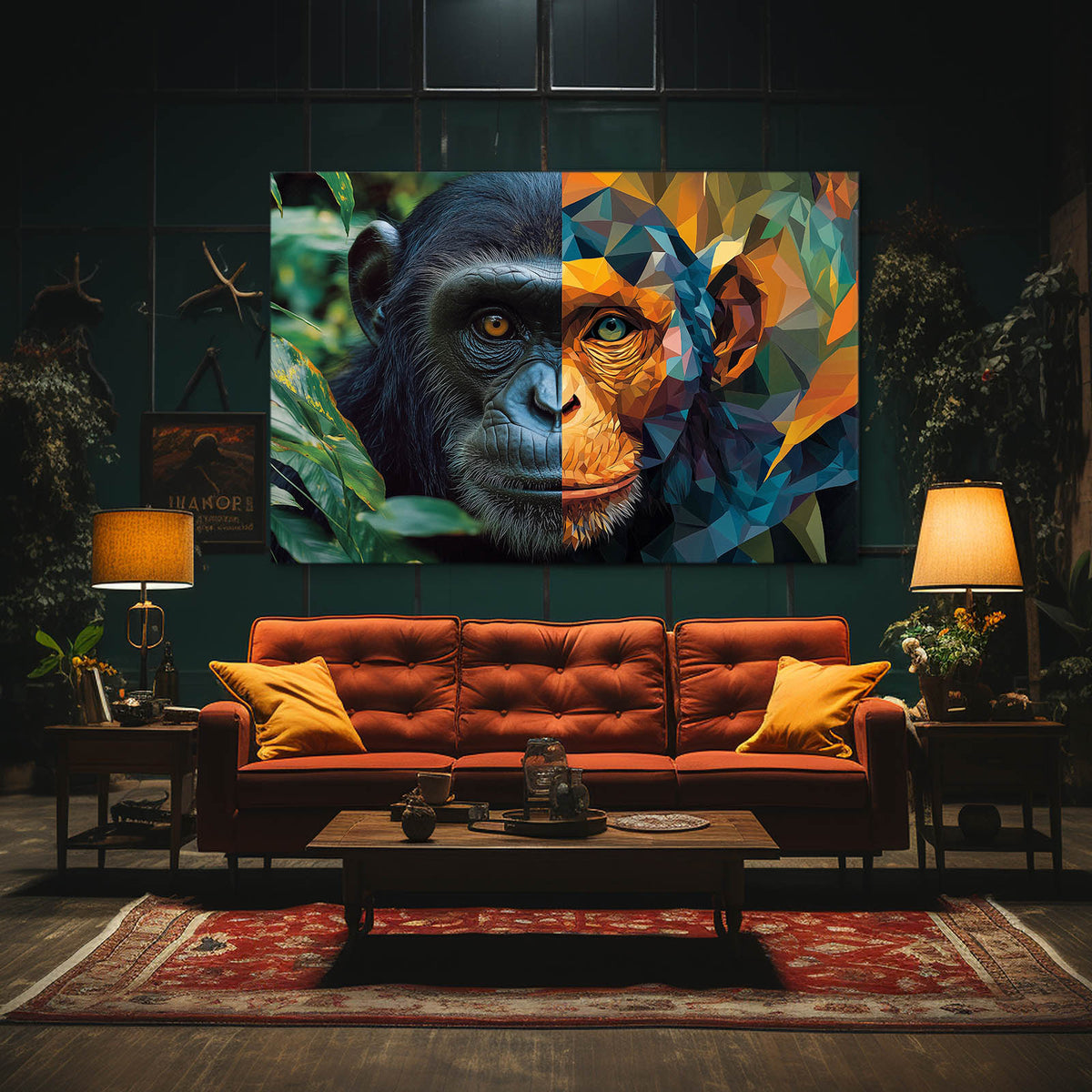 Geometric Split Face Monkey Canvas Art — abstract canvas print, styled in a furnished interior
