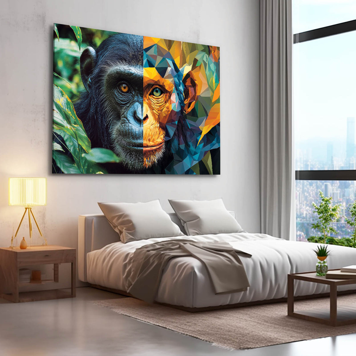 Geometric Split Face Monkey Canvas Art — abstract canvas print, styled in a furnished interior