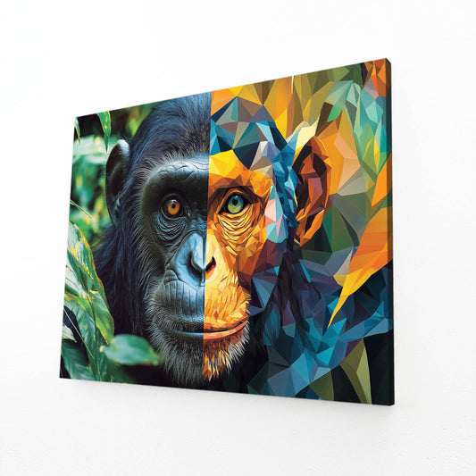 Geometric Split Face Monkey Canvas Art – angled canvas view on white background