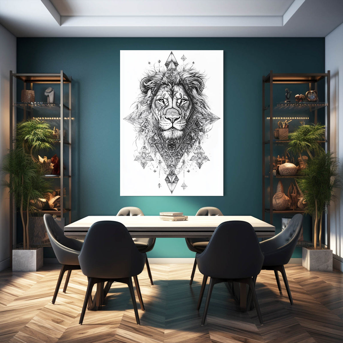 Geometric Tattoo Sketch Lion Wall Art — line canvas print, styled in a furnished interior