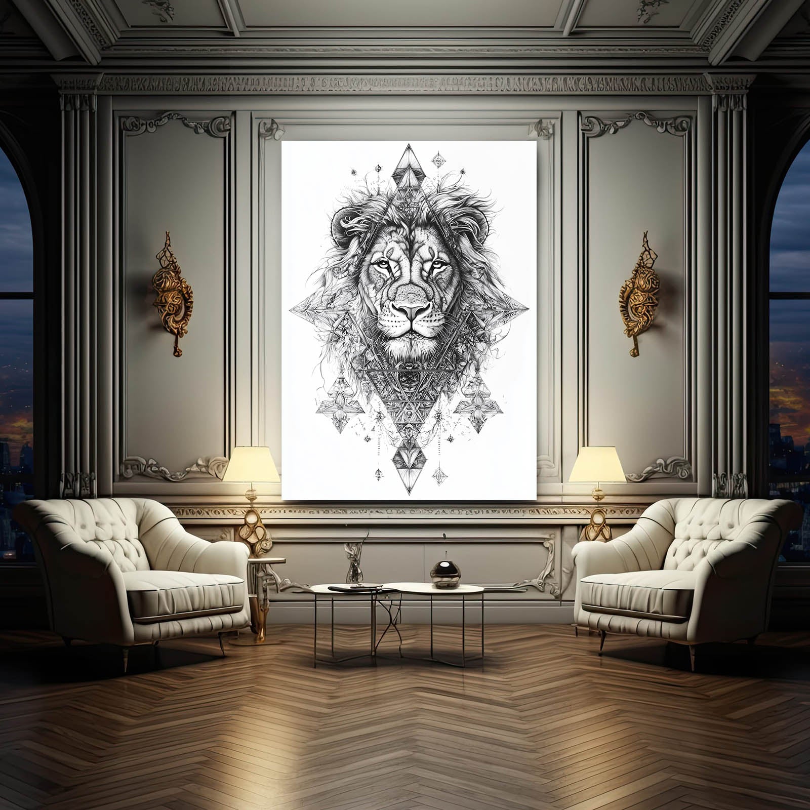 Geometric Tattoo Sketch Lion Wall Art — line canvas print, styled in a furnished interior