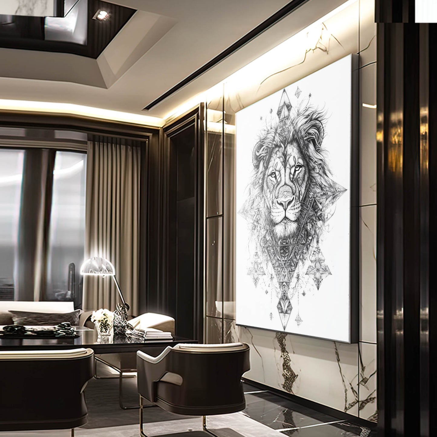Geometric Tattoo Sketch Lion Wall Art — line canvas print, styled in a furnished interior