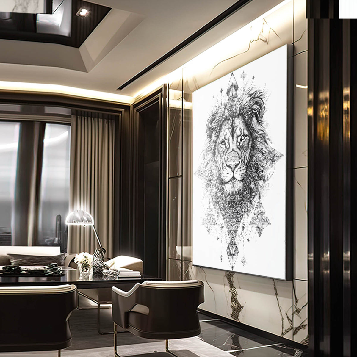 Geometric Tattoo Sketch Lion Wall Art — line canvas print, styled in a furnished interior
