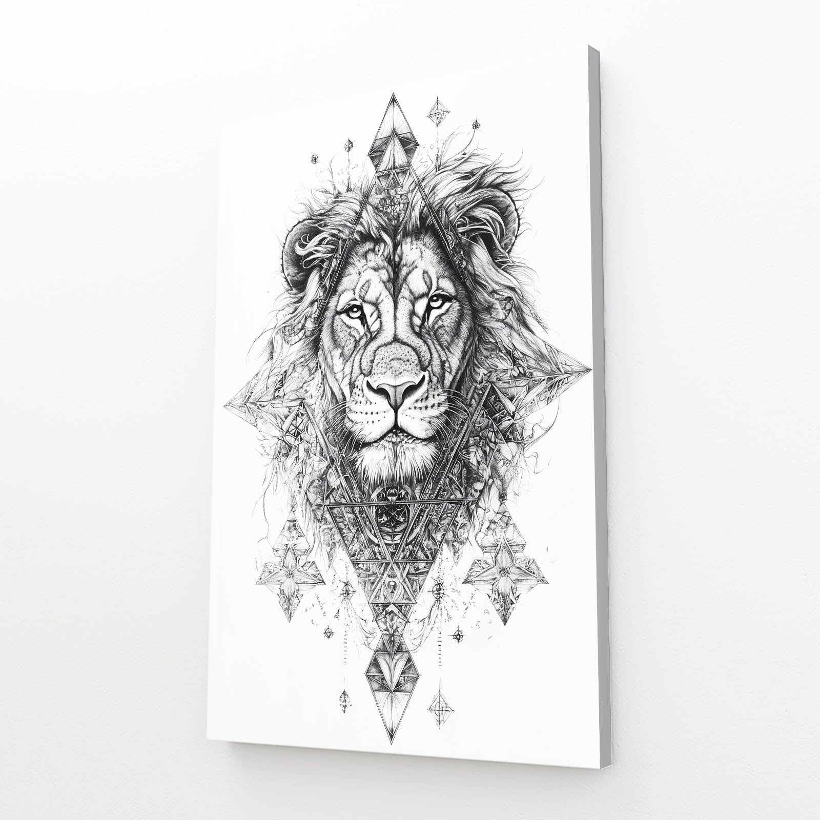 Geometric Tattoo Sketch Lion Wall Art — line canvas print, angled canvas view on white background