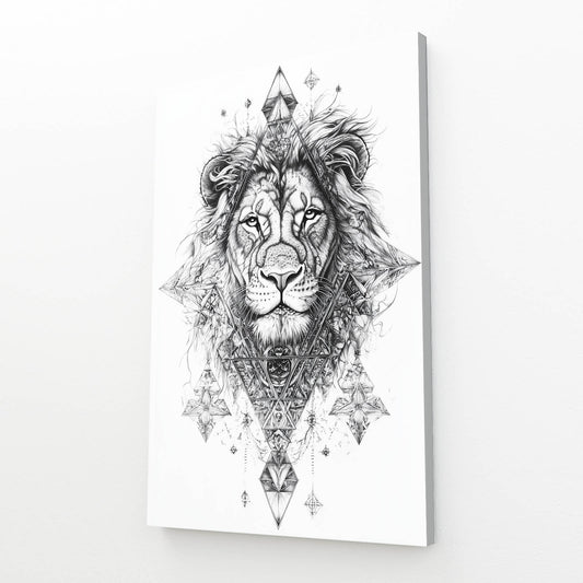 Geometric Tattoo Sketch Lion Wall Art — line canvas print, angled canvas view on white background