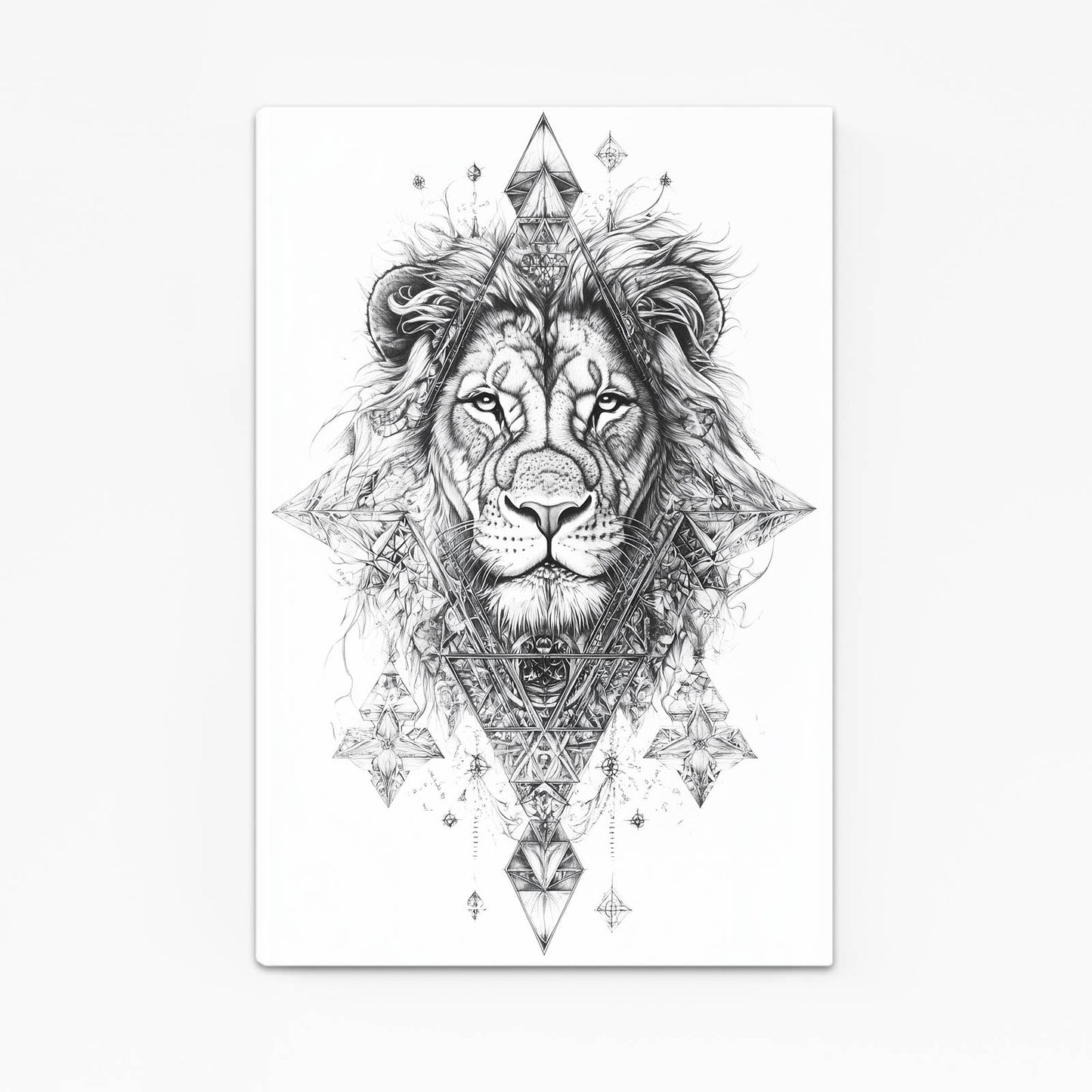 Geometric Tattoo Sketch Lion Wall Art — line canvas print, angled canvas view on white background