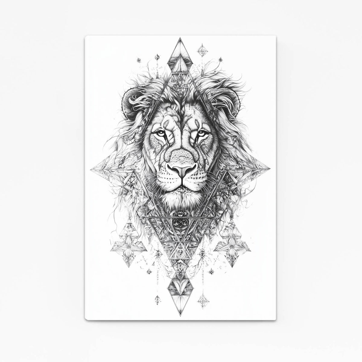 Geometric Tattoo Sketch Lion Wall Art — line canvas print, angled canvas view on white background