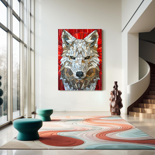 Geometric Wolf Art — mosaic canvas print in red tones, view 3