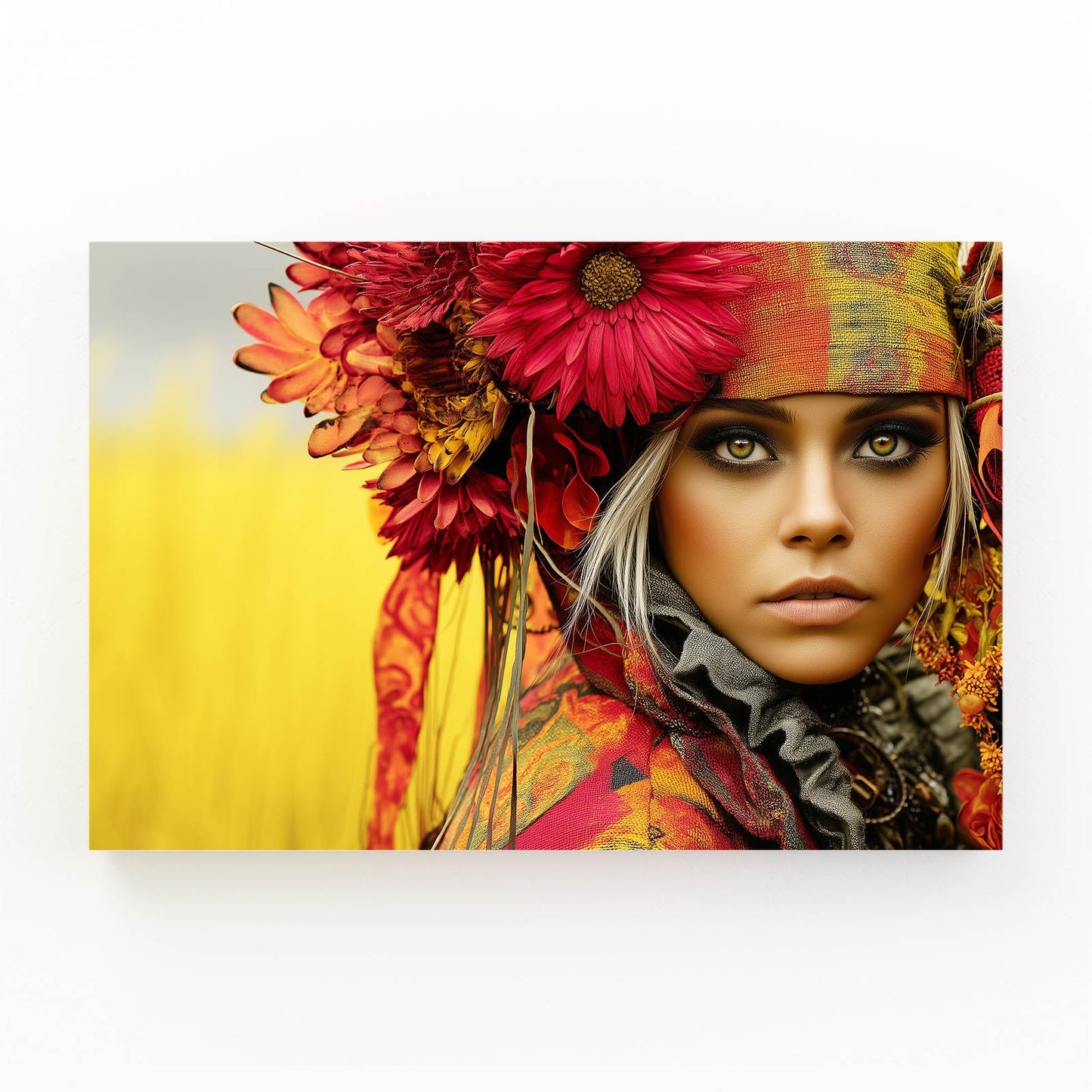 Gerbera Crown Women Photography Wall Art – woman with red gerbera crown and headscarf on yellow field, piercing eyes