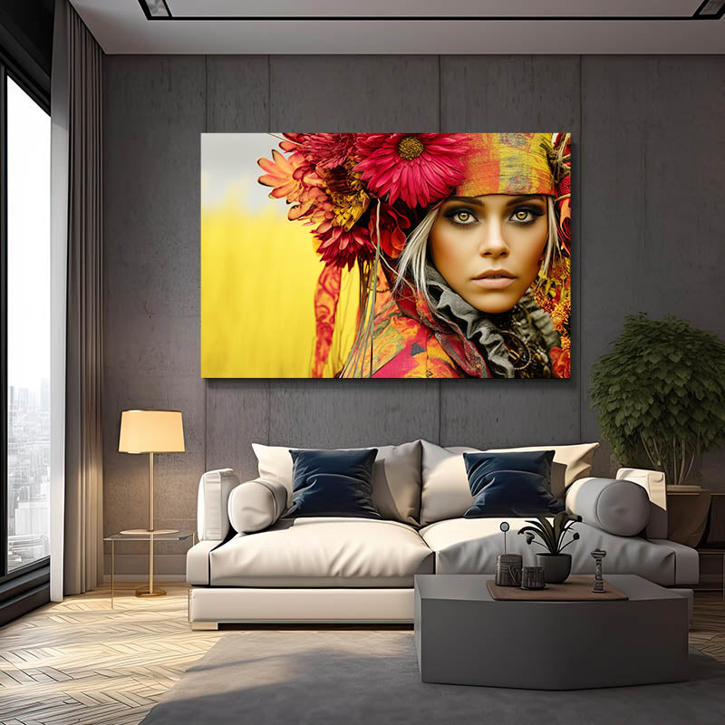 Gerbera Crown Women Photography Wall Art – above a white sofa in a bright lounge