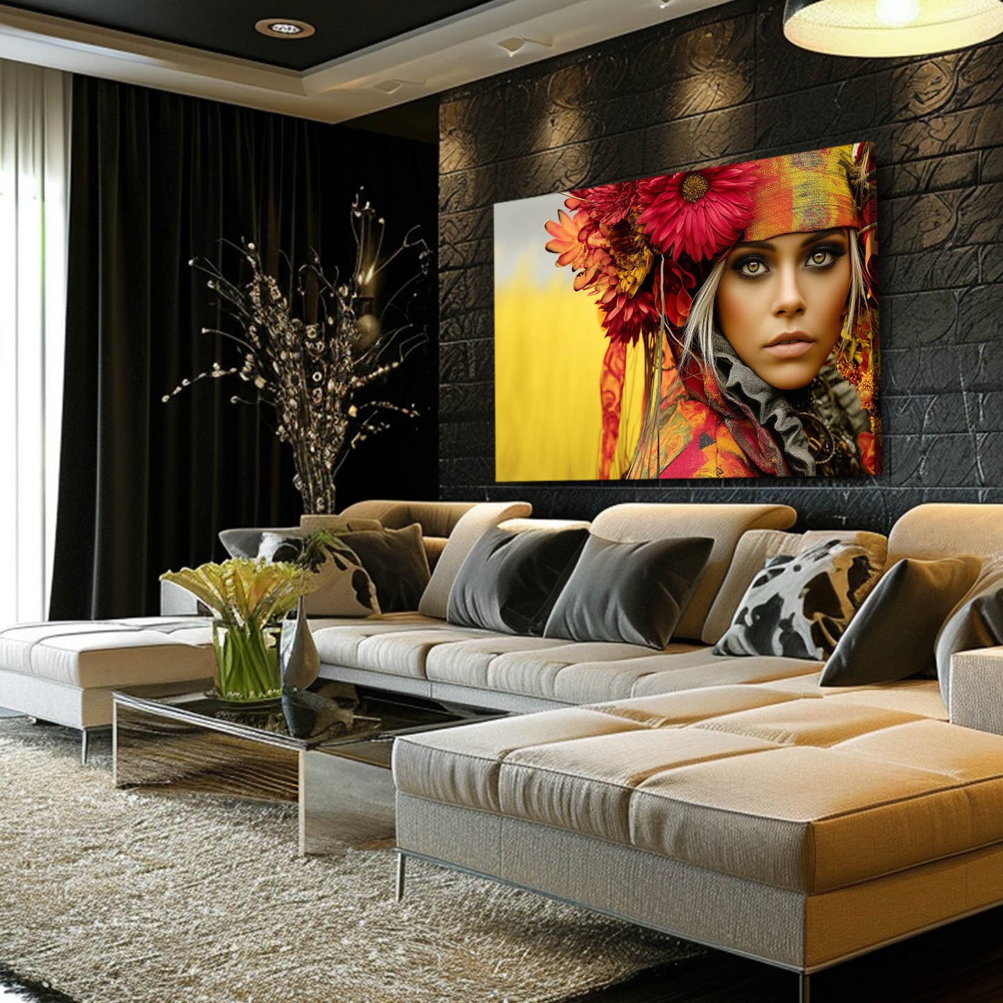 Gerbera Crown Women Photography Wall Art – in a dark glam lounge with velvet seating